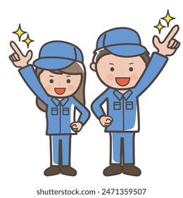 Full body illustration of male and female workers (cleaners) pointing toward the future
