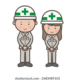 Full body illustration of male and female construction workers in customer service poses with hands stacked in front of them