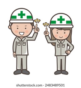 Full body illustration of male and female construction workers explaining points