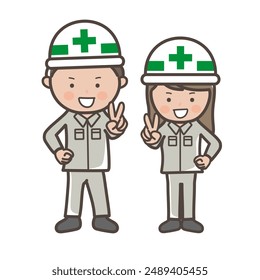 Full body illustration of male and female construction workers smiling and peacefully