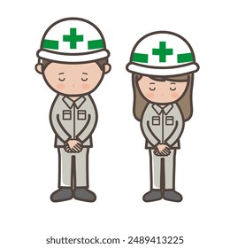 Full body illustration of male and female construction workers bowing and apologizing