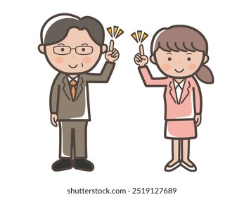 Full body illustration of male and female businessmen and women in suits who come up with ideas_Set of boss and subordinate