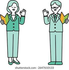 Full body illustration of middle and senior businessperson in a positive pose holding a beginner's mark