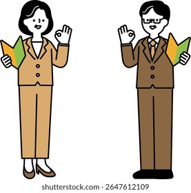 Full body illustration of middle and senior businessperson in a positive pose holding a beginner's mark