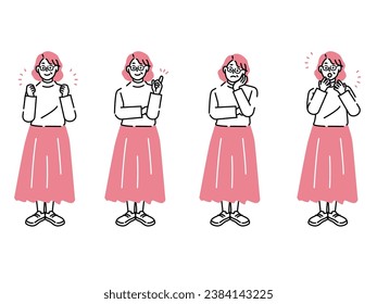 Full body illustration. People, women, 50's, housewives, motivation, thinking, understanding, surprising, worrying and old age.