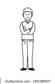 Full body illustration of senior man standing in front of him. Line drawings. No fill. Vector.