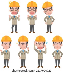 Full body illustration set of a man wearing a helmet and wearing work clothes