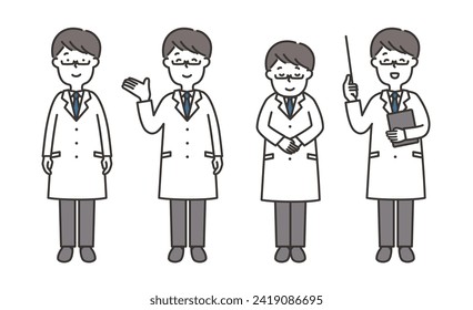 Full body illustration set of man in lab coat