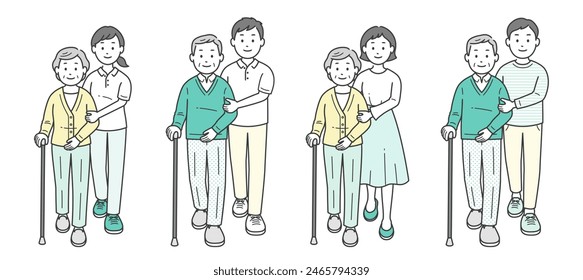 Full body illustration set of a person assisting an elderly person with a cane