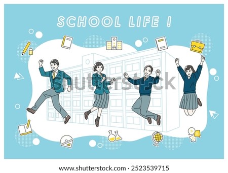 Full body illustration set of students jumping