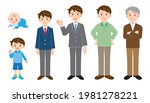 Full body illustration set of various ages of the same man