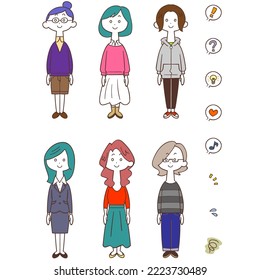 Full body illustration set of young women with various personalities