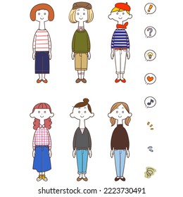 Full body illustration set of young women with various personalities