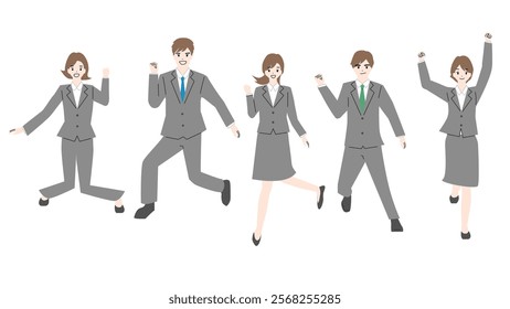 Full body illustration of several young men and women in suits jumping.