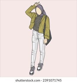 full body illustration showing a variety of clothing styles. hijab and non-hijab