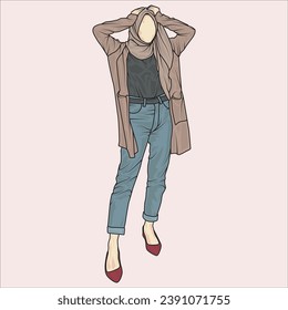 full body illustration showing a variety of clothing styles. hijab and non-hijab