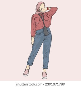 full body illustration showing a variety of clothing styles. hijab and non-hijab