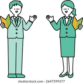 Full body illustration of a smiling businessperson talking with a beginner's mark