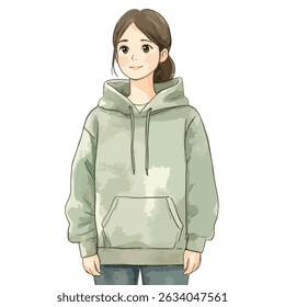 Ilustração de corpo inteiro de uma mulher sorridente com cabelo castanho usando um capuz verde claro e jeans escuro.
