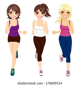 Full body illustration of three beautiful women running together happily