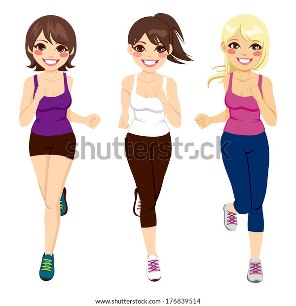 3人の美しい女性が幸せに走る姿の全身イラスト のベクター画像素材 ロイヤリティフリー