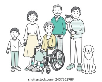 Full body illustration of three generations of family and pets