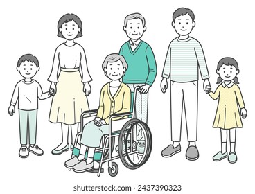 Full body illustration of three generations of family gathered together