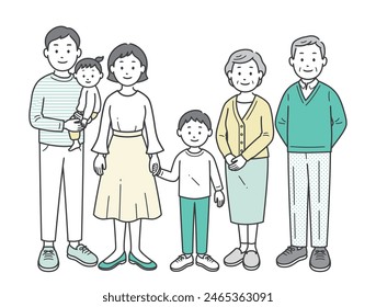 Full body illustration of three generations of family gathered together