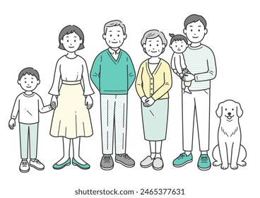 Full body illustration of three generations of family and pets