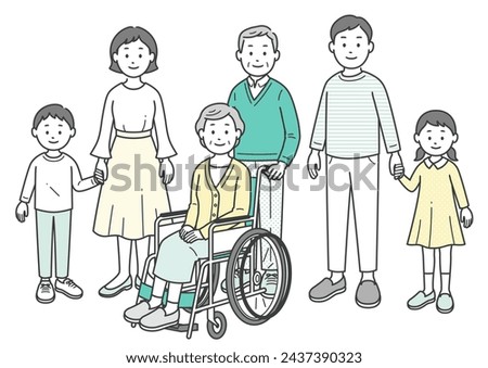 Full body illustration of three generations of family gathered together