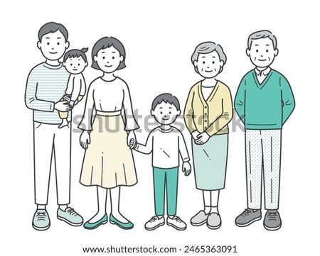 Full body illustration of three generations of family gathered together