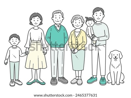 Full body illustration of three generations of family and pets