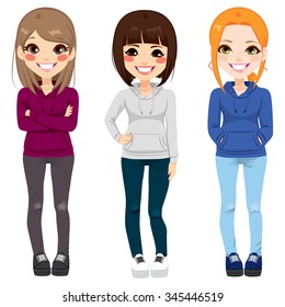 Full body illustration of three happy young teenagers girls from different ethnicity smiling with casual outfit posing together