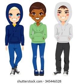 Full body illustration of three happy young teenagers boys and girl from different ethnicity smiling with casual outfit posing together