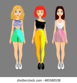  Full body illustration of three vector young girls with colorful casual outfit
