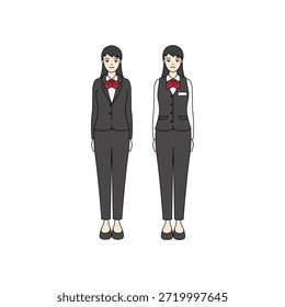 Ilustração de corpo completo de duas mulher profissional em terno preto e uniforme colete