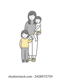 Full body illustration of two small children, a young woman, and a mother