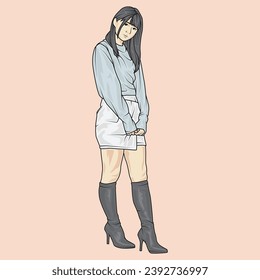 full body illustration vector shows different clothing styles, different fashion styles and different photo poses. Different professions and characters too