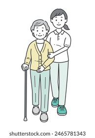 Full body illustration of a woman assisting an elderly woman with a cane