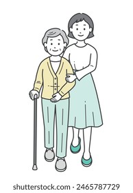 Full body illustration of a woman assisting an elderly woman with a cane