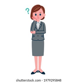 Full body illustration of a woman in a suit having doubts