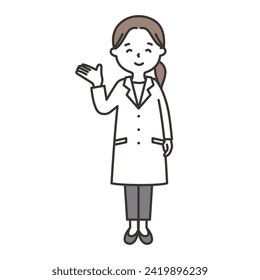 Full body illustration of a woman in a white coat guiding you here.