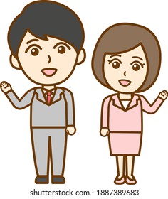 Full body illustration of a working man and a woman in a suit with one hand raised to guide them