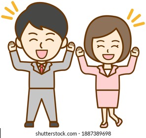 Full body illustration of a working man and a women happy with their hands raised in a suit