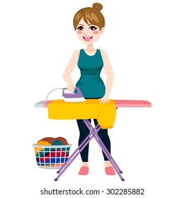 Full body illustration of young beautiful woman ironing yellow shirt on iron board