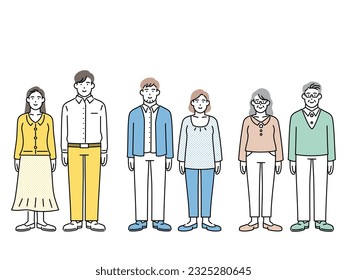 Full body illustration of a young couple and an older couple, couple set, standing frontally.