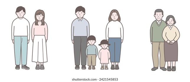 Full body illustration of a young couple, a young couple and a couple with children, and an elderly couple