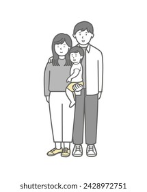 Full body illustration of a young family of three with one small child 2