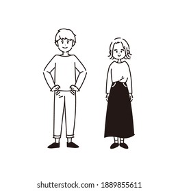 Full body illustration of young man and woman. No painted parts in line drawings. Vector.