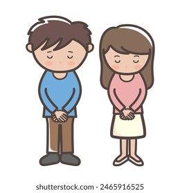 Full body illustration of a young man and woman apologizing with their heads down